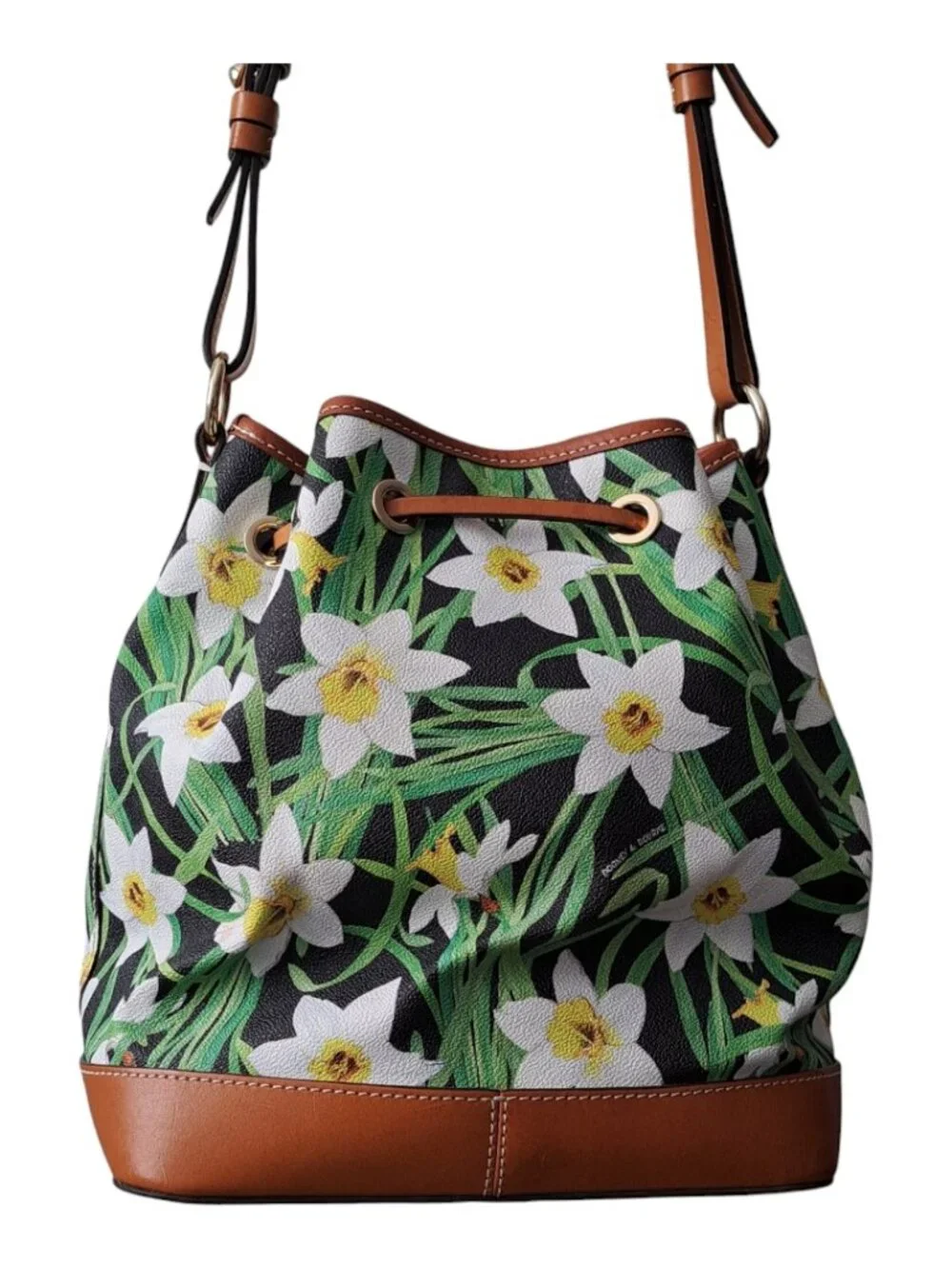 Dooney & Bourke Daffodil Tassel Drawstring Bucket Bag Purse Floral Leather Trim
